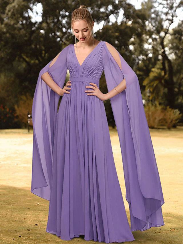 A-Linie Abendkleid Empire Kleid Hochzeitsgast Bodenlang Langarm V-Ausschnitt Chiffon mit Falten Reine Farbe